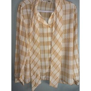 Vintage Country Suburbans Yellow Plaid Tie Neck Blouse Long Sleeve Size 18
